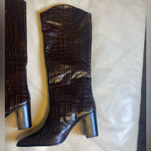 $258 SCHUTZ Maryana TALL DARK BROWN CROCODILE EMBOSSED Block Boot NEW size 11 - Picture 6 of 11